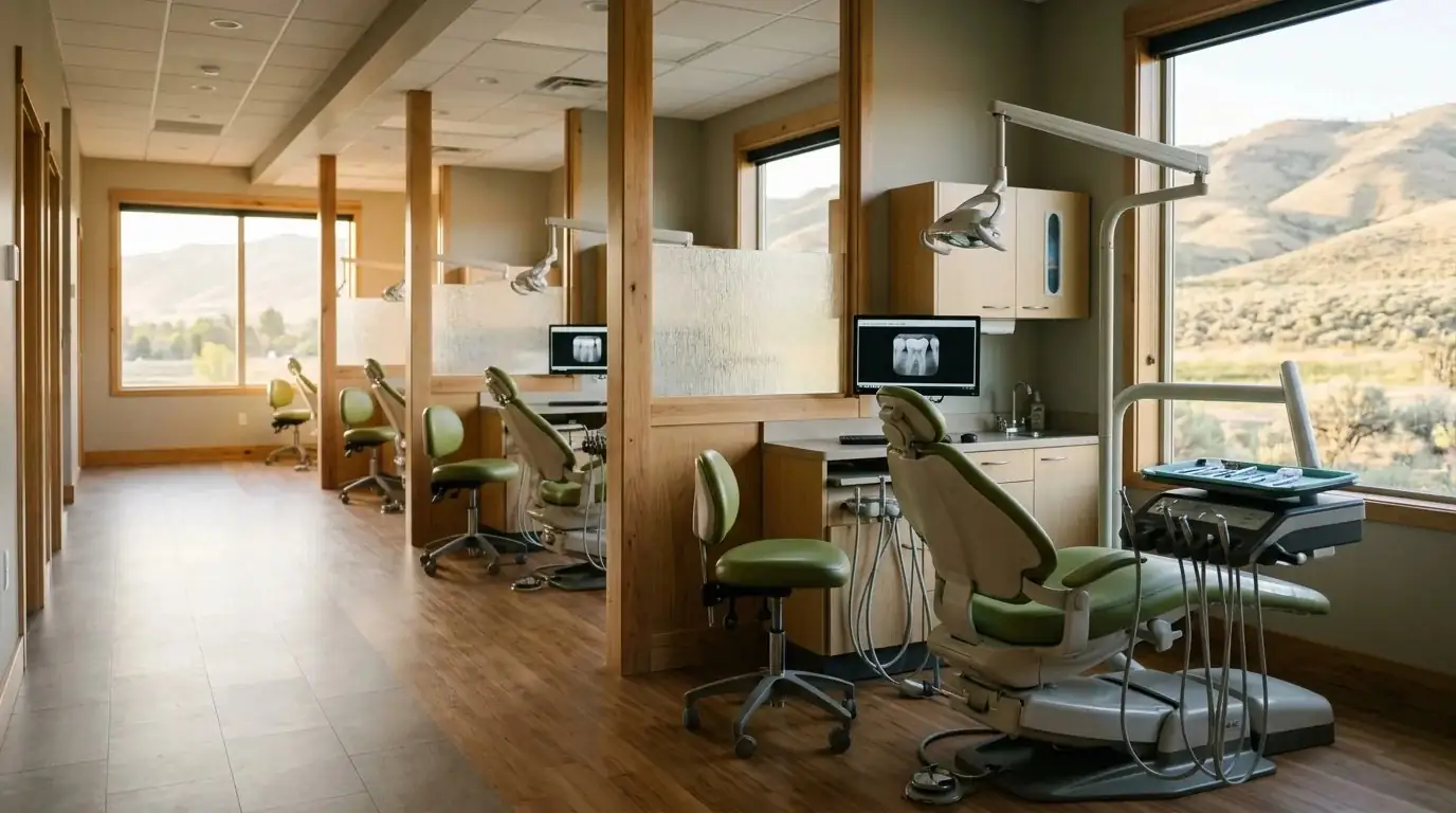 Dental treatment bays with green chairs, equipment, and windows overlooking hills.