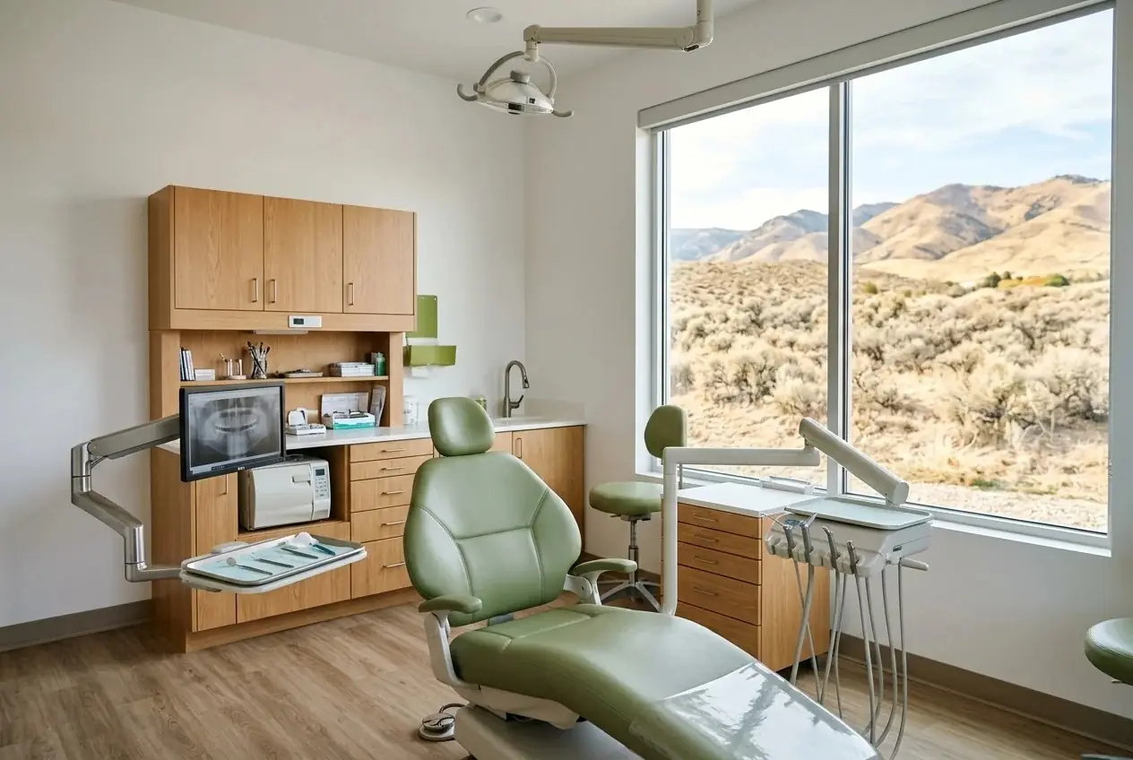 Dental exam room with a reclining chair, equipment, and large windows overlooking desert hills.